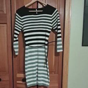 Poof Striped Black and White Knit Belted Dress